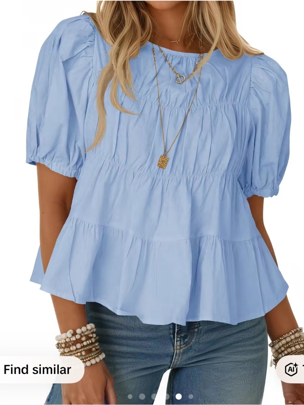Light Blue Puff Sleeve Peplum Blouse